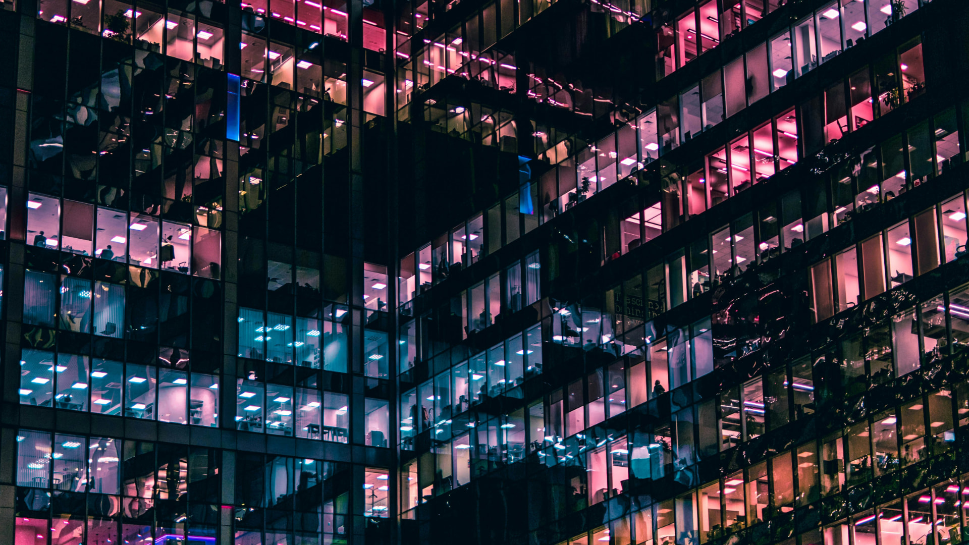 Illuminated windows of a glass office tower at night